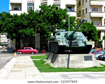Monument to the tank in the Cuban capital Havana. Reminder history in modern civilian life.
