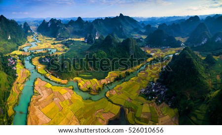 Beautiful landscape with rice field and mountain from drone in Cao Bang province, Vietnam Royalty-Free Stock Photo #526010656
