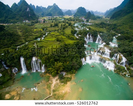 Bangioc - Detian waterfall from drone in Caobang, Vietnam Royalty-Free Stock Photo #526012762