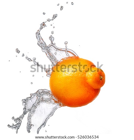 Water splash and fruits isolated on white backgroud with clipping path. Fresh mandarin