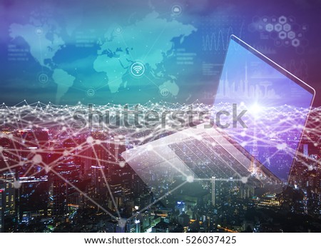 mixed media of laptop PC and communication network concept IoT(Internet of Things), ICT(Information Communication Technology), digital transformation, abstract image visual Royalty-Free Stock Photo #526037425