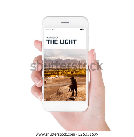 woman using her smartphone searching Photographer waiting for the light and taking photograph information. Himalayan range, Leh, Ladakh India. Traveling concept, isolated on white background.