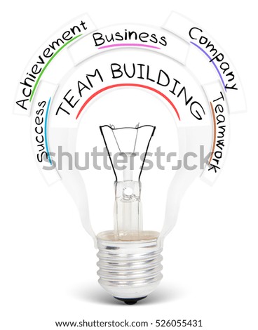 Photo of light bulb with TEAM BUILDING conceptual words isolated on white