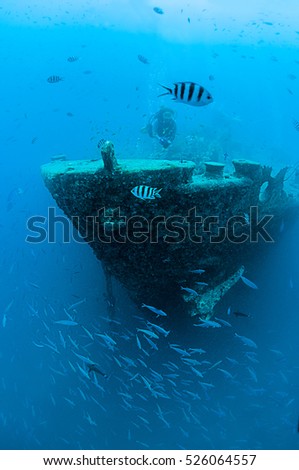 Diver penetrating the SS Thistlegorm shipwreck near Ras Muhammed, Red Sea, Egypt.     Royalty-Free Stock Photo #526064557