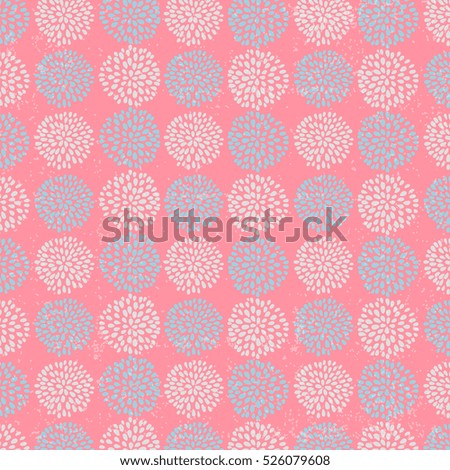 Vector floral pattern with beautiful blue circle flowers, made of petals on pink background with spots.