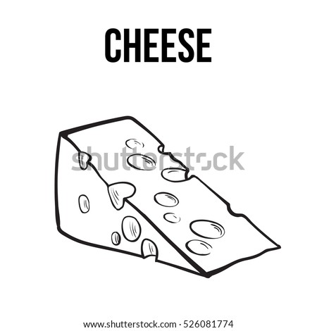 Hand drawn piece of Swiss cheese, sketch style vector illustration isolated on white background. Realistic hand drawing of an triangle chunk of fresh cheese with big holes