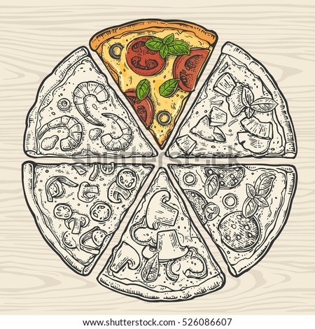 Square  poster with black and color slice pizza Pepperoni, Hawaiian,  Mexican, Seafood. Vintage vector engraving illustration. Isolated on seamless pattern wood background