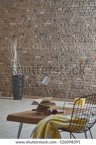 New brown brick wall, living room designed for home office interior and decorative