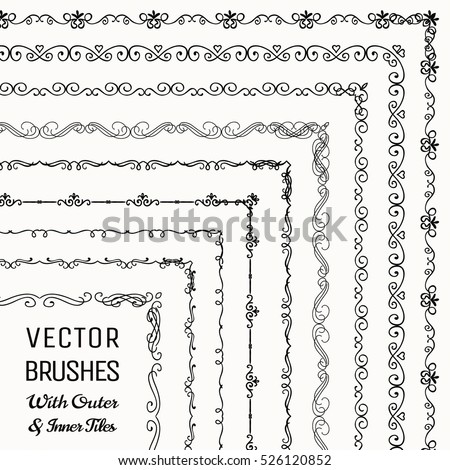 Collection of Vector Pattern Brushes with Outer and Inner Tiles. Black Outlined Hand Drawn Vintage Seamless Line Borders, Frames, Corners. Design Elements. Vector Illustration