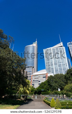 Alley in Sydney Royal Botanic Garden with cityscape, modern skyscrapers on the background