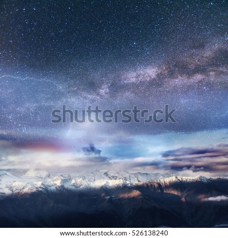 Dairy Star Trek in the winter woods. Dramatic and picturesque scene. Beautiful scenic sky on lightning. Europe.