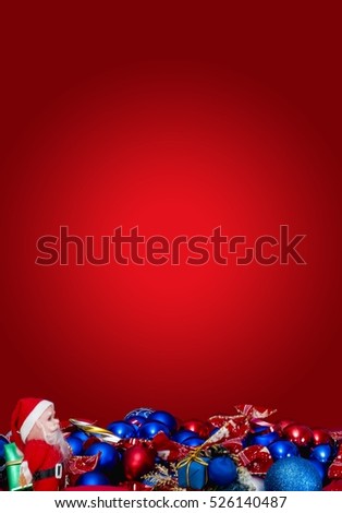 Santa Claus and many presents on red background.