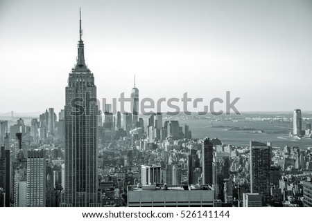 Aerial view of Manhattan skyline at sunrise, New York City, USA. Black and white style image