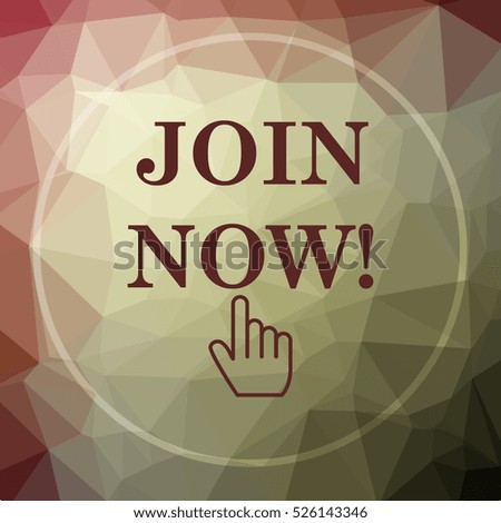 Join now icon. Join now website button on khaki low poly background.
