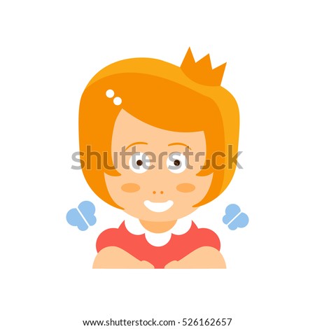 Little Red Head Girl In Red Dress Wearing A Crown Flat Cartoon Character Portrait Emoji Vector Illustration
