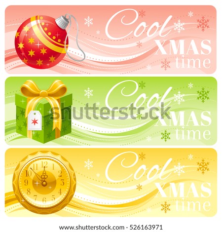 Merry Christmas and Happy New year banner set. Vector illustration - ball decoration, gift box, clock icons. Holiday pattern background. Cool xmas time text lettering logo