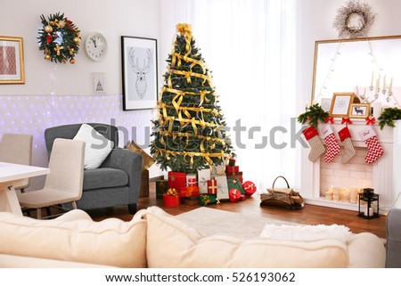 Interior of living room decorated for Christmas