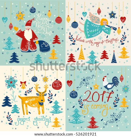 Vector Christmas card with ange, deer, santa claus, cock and lettering.Vector design for greeting cards and invitations.