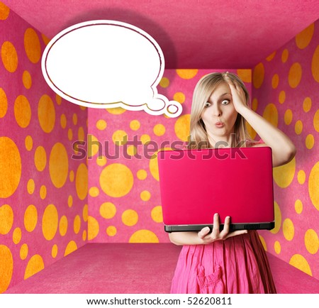 surprised blonde in pink dress with thought bubble and laptop in pink room