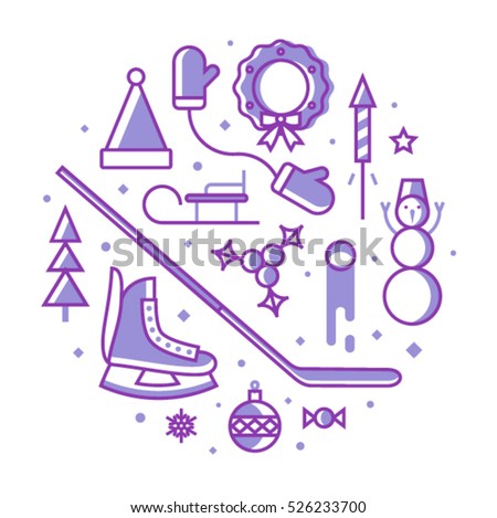 Christmas, vector illustration, outline icon set, white background: hat of Santa Claus, mittens, xmas tree, skates, christmas ball, candy, hokey, snowman, fireworks, star, wreath, sled
