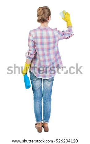 Back view of a housewife in gloves with sponge and detergent. girl  watching. Rear view people collection.  backside view of person.  Isolated over white background.