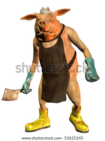 3D render of a house pig in human pose as a butcher