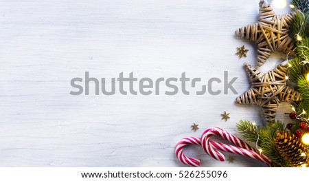 Christmas holidays composition on white wooden background with copy space for your text Royalty-Free Stock Photo #526255096