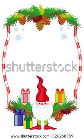 Holiday frame with decorations and Christmas elf. Copy space. Christmas background. Vector clip art.