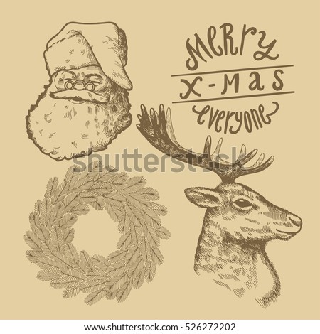 vintage christmas symbols drawing set. santa claus face. pine wreath drawing. reindeer engraving. merry x-mas everyone.