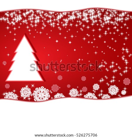 Red Christmas New Year background with snowflakes, stars and white fir tree.