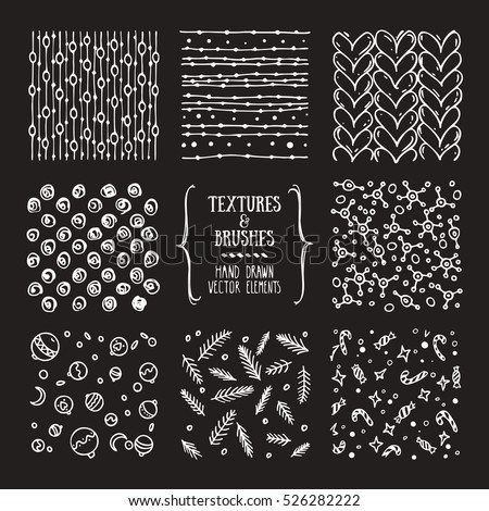 Hand drawn winter holidays textures and brushes. Artistic collection of design elements: knitted pattern, sweater ornament, christmas tree decor, snowflake, candy cane, pine branches background.