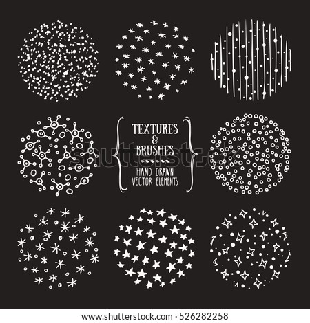 Hand drawn winter textures and brushes. Artistic collection of design elements: snowflakes, snow dots, stars, sparkles, wavy lines, frost abstract backgrounds, patterns made with ink. Isolated vector.