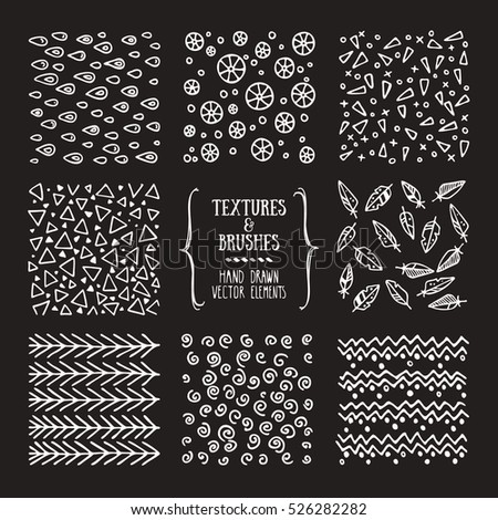 Hand drawn textures and brushes. Creative collection of design elements: graphic patterns, geometric ornaments, abstract lines, tribal symbols made with ink. Isolated vector set.