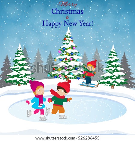 Happy new year and merry Christmas landscape card design with christmas tree. Winter scene with skating children. Children boy and girl on the winter ice-skating rink. vector illustration