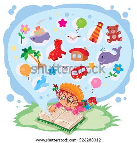 Vector illustration of small girl reading a book and dreams of adventures.