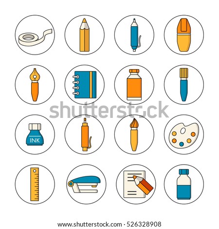 Collection of flat style stationery icons on circle. School and office equipment. Vector illustration