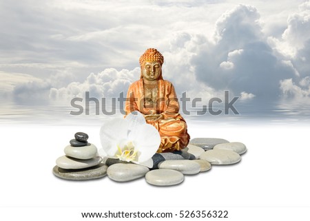 Buddha,zen stone,white orchid flowers and sky reflected in water.