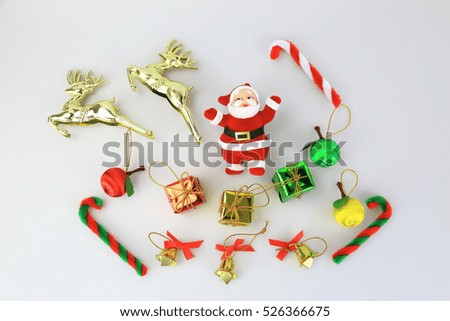 Christmas collection, gifts and decorative ornaments, on white background.