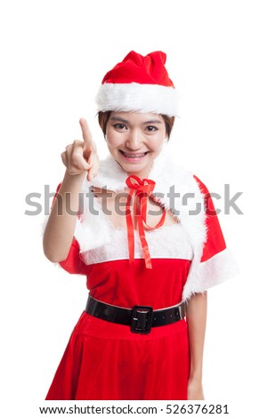 Asian Christmas Santa Claus girl  do touch screen pose  isolated on white background.