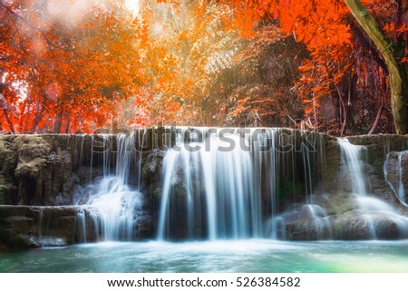 Waterfall autumn deep forest scenic natural sunlight at huai mae khamin national park,kanchanaburi,thailand