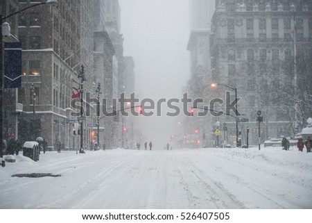 New York City Manhattan Midtown street under the snow during snow blizzard in winter. Empty 5th avenue with no traffic. Royalty-Free Stock Photo #526407505