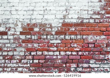 Aged Old Red White Grey Gray Brick Wall Texture Background Studio Backdrop Horizontal Wallpaper. Abstract Web Design Element. Shabby Wall Structure Material Surface. Urban Graffiti Wall Or Fence