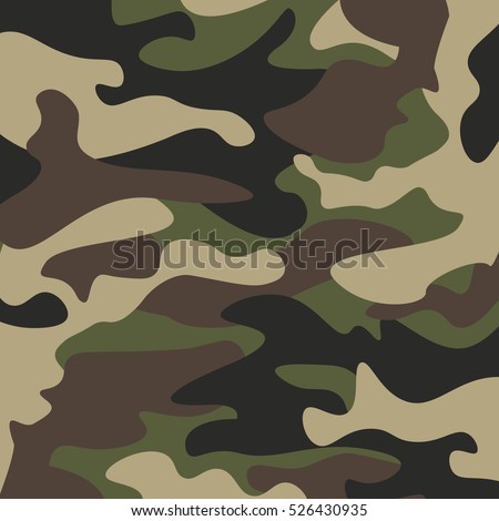 Camouflage pattern background. Classic clothing style masking camo repeat print. Green brown black olive colors forest texture. Design element. Vector illustration. Royalty-Free Stock Photo #526430935