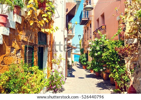 Beautiful street in Chania, Crete island, Greece. Summer landscape Royalty-Free Stock Photo #526440796
