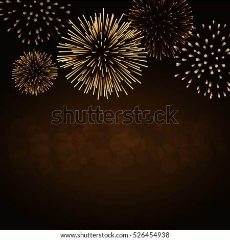 Firework gold bursting sparkle background card. Golden night fire, beautiful explosion for celebration, holiday, Christmas, New Year, birthday. Symbol festive, anniversary. Vector illustration