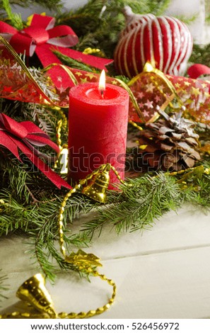 New Year and Christmas background with candles decorated Christmas tree in red