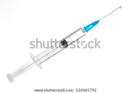 Syringe closeup isolated on white background Royalty-Free Stock Photo #526465792