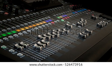 The audio equipment, control panel of digital studio mixer. Close-up, selected focus Royalty-Free Stock Photo #526473916