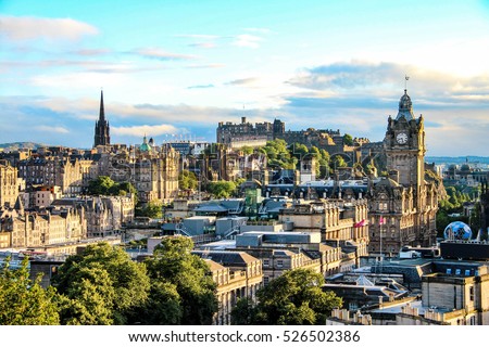 Edinburgh skyline as seen from Calton Hill, Scotland Royalty-Free Stock Photo #526502386
