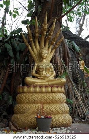 Golden Buddha sitting on a coiled cobra. Vientiane, Laos